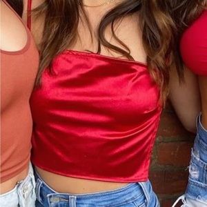 Red satin backless top